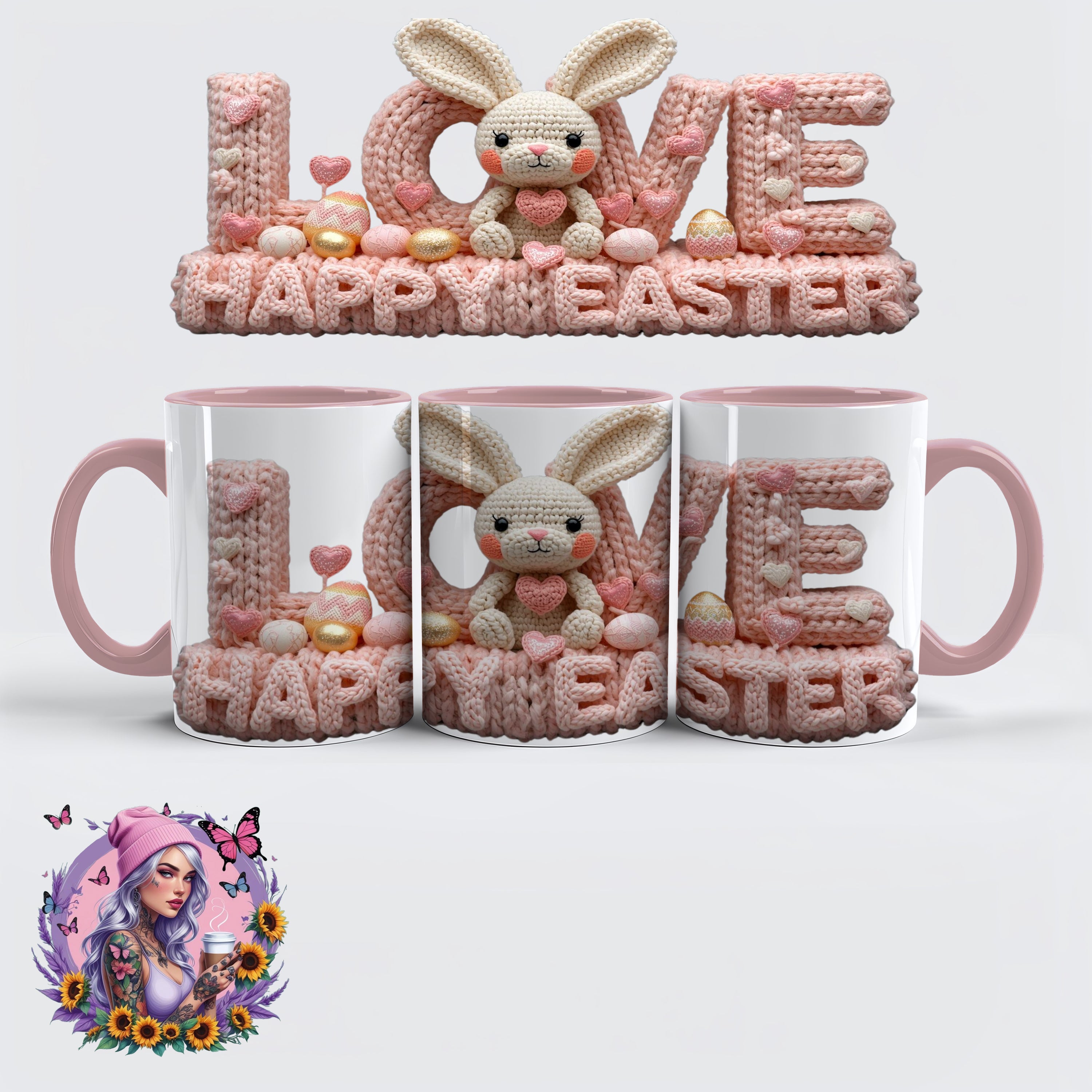 „LOVE – Happy Easter Häkelhase Tasse im Strick-Look“