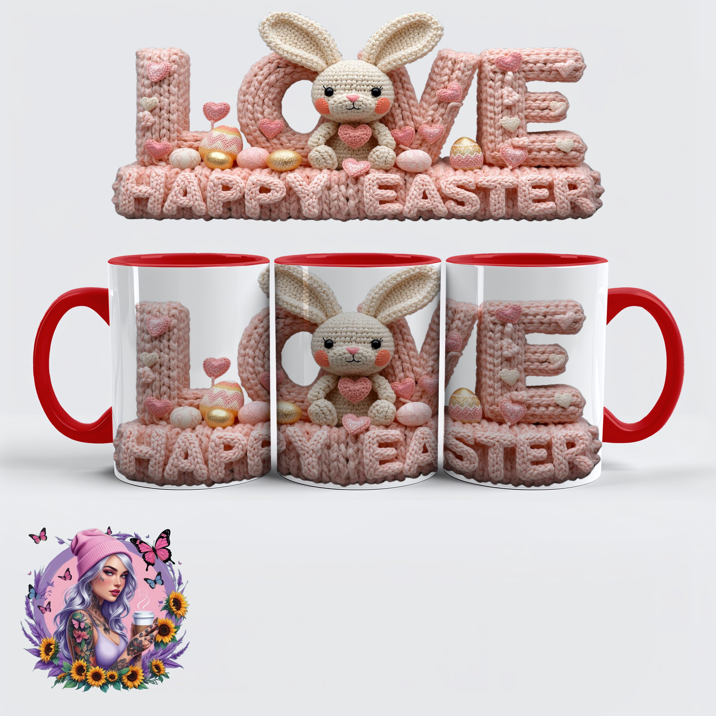 „LOVE – Happy Easter Häkelhase Tasse im Strick-Look“