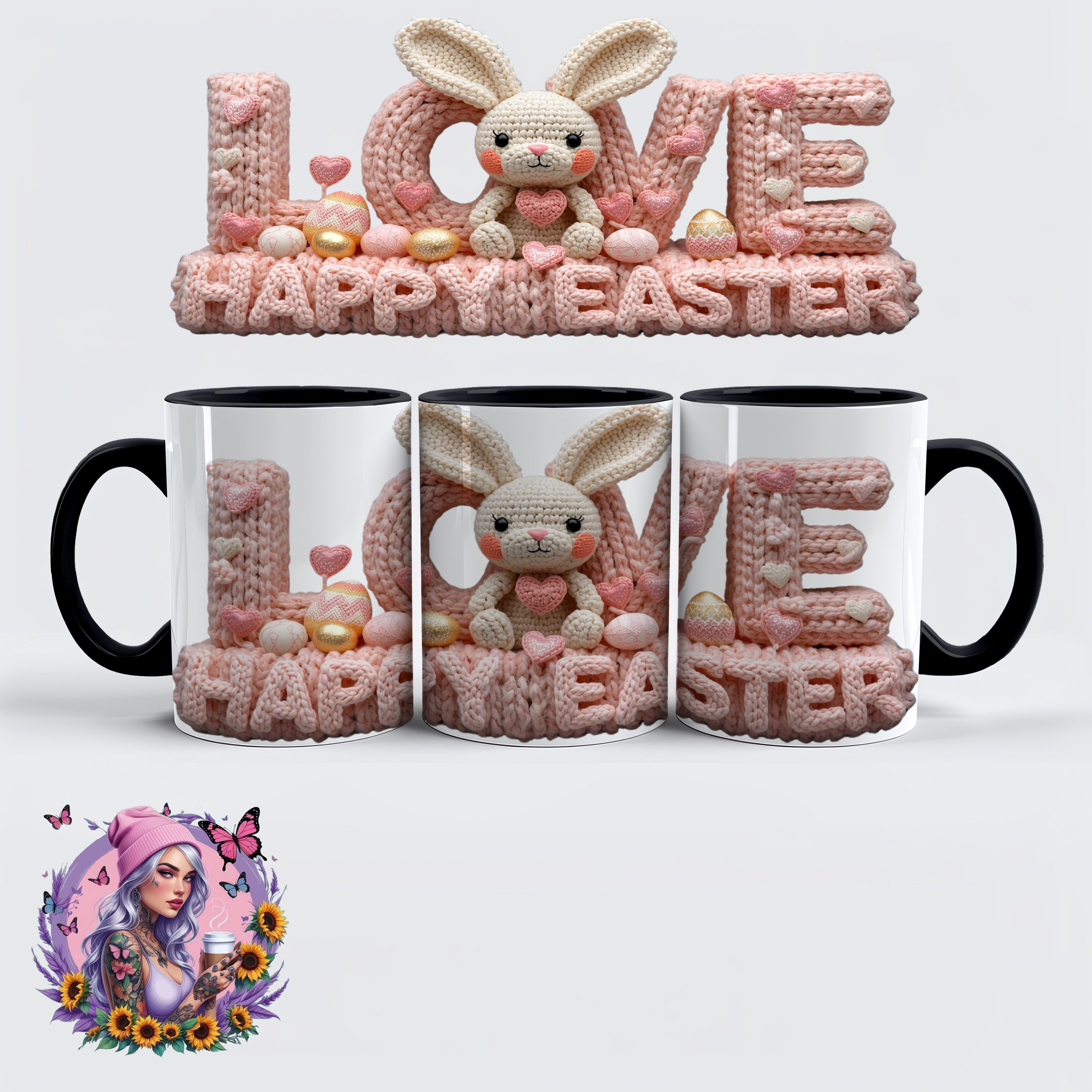 „LOVE – Happy Easter Häkelhase Tasse im Strick-Look“