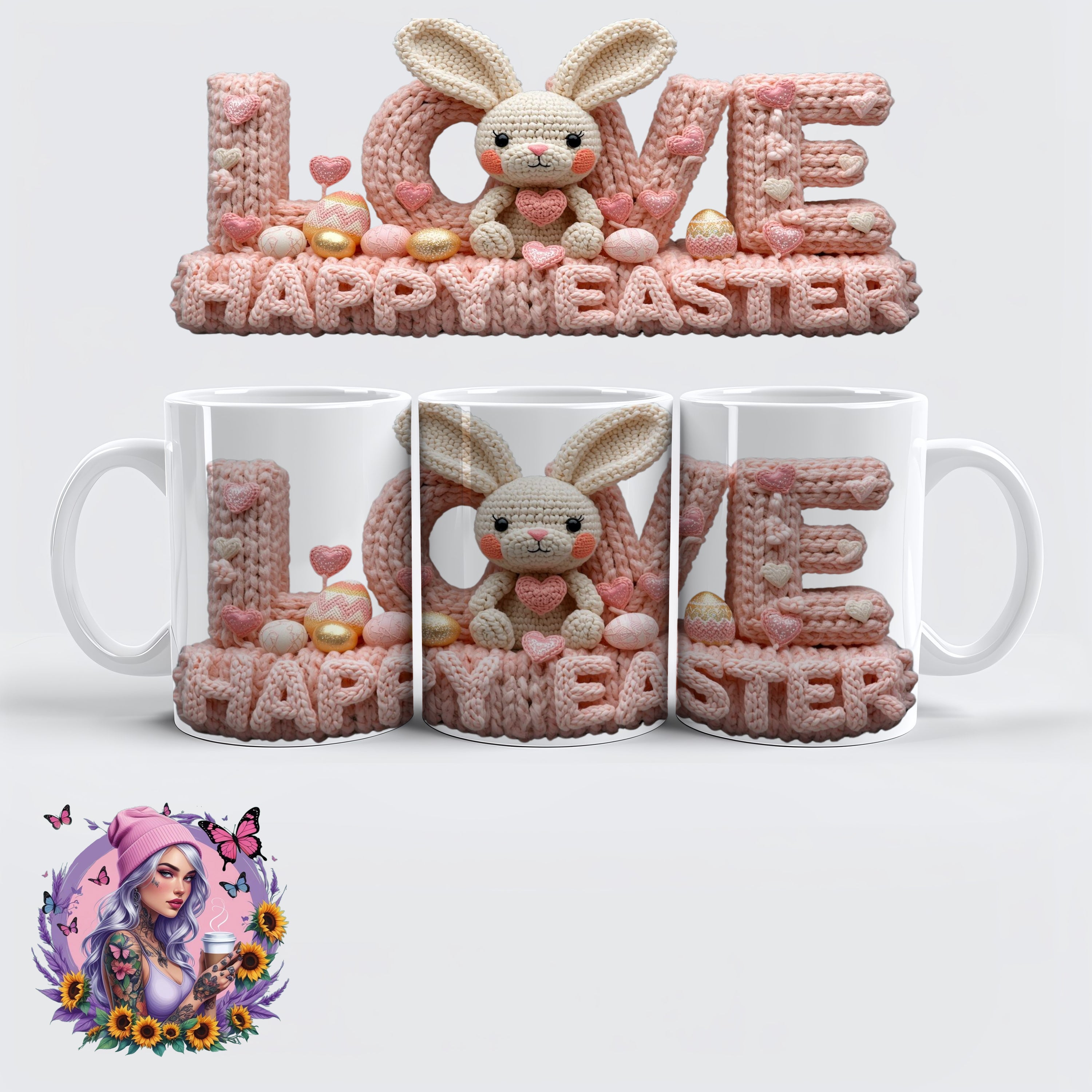 „LOVE – Happy Easter Häkelhase Tasse im Strick-Look“